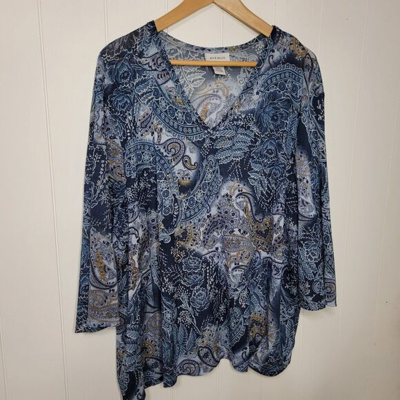 Avenue Womens Top Size 26/28 4X Boho Blue Embellished - Picture 2 of 7